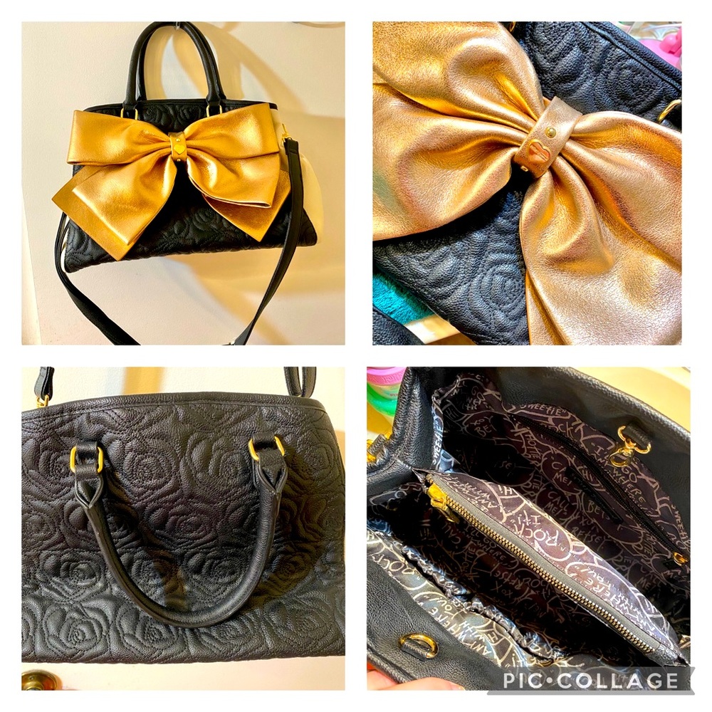 EUC Betsey Johnson Black Rose Handbag with Big Gold Bow
